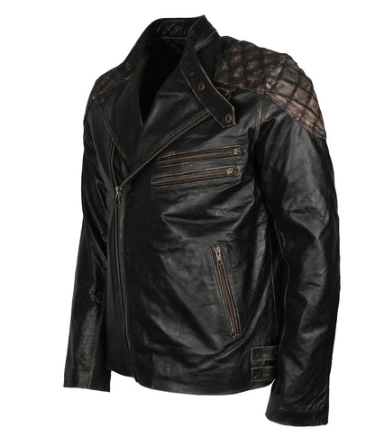 Mens Skull Embossed Black Distressed Cowhide Leather Motorcyle Jacket