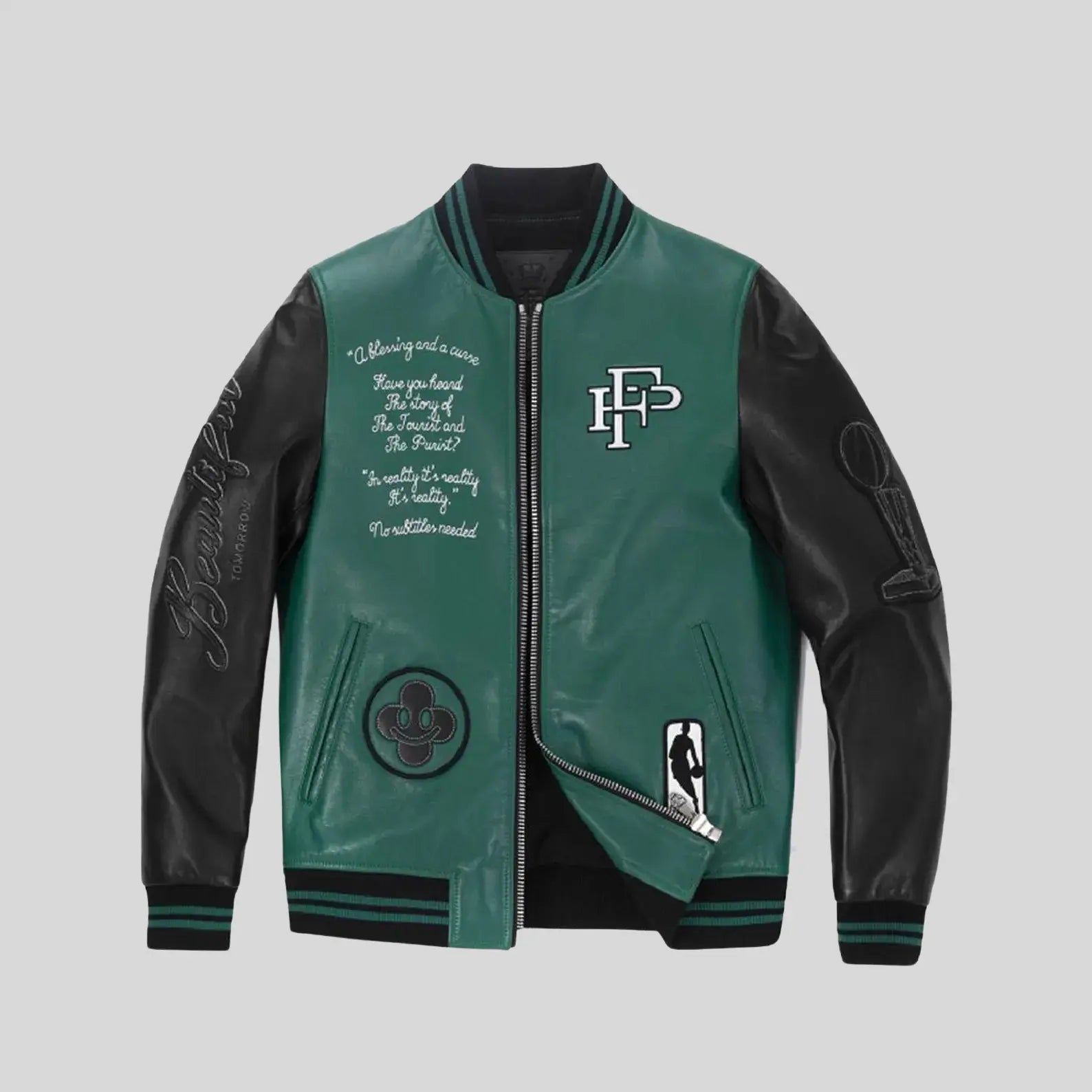Green and black varsity jacket with text and logos on a gray background