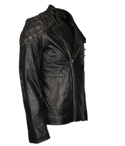 Mens Skull Embossed Black Distressed Cowhide Leather Motorcyle Jacket