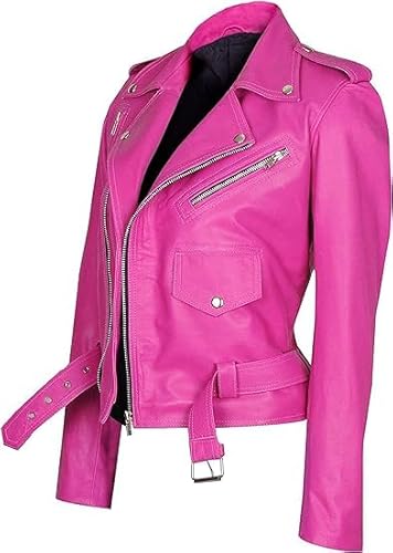 BLS Women’s Hot Pink Belted Slim Fit Ladies Short Biker Genuine Lambskin Leather Motorcycle Brando Streetwear Jacket