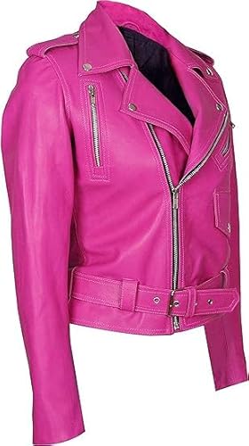 BLS Women’s Hot Pink Belted Slim Fit Ladies Short Biker Genuine Lambskin Leather Motorcycle Brando Streetwear Jacket