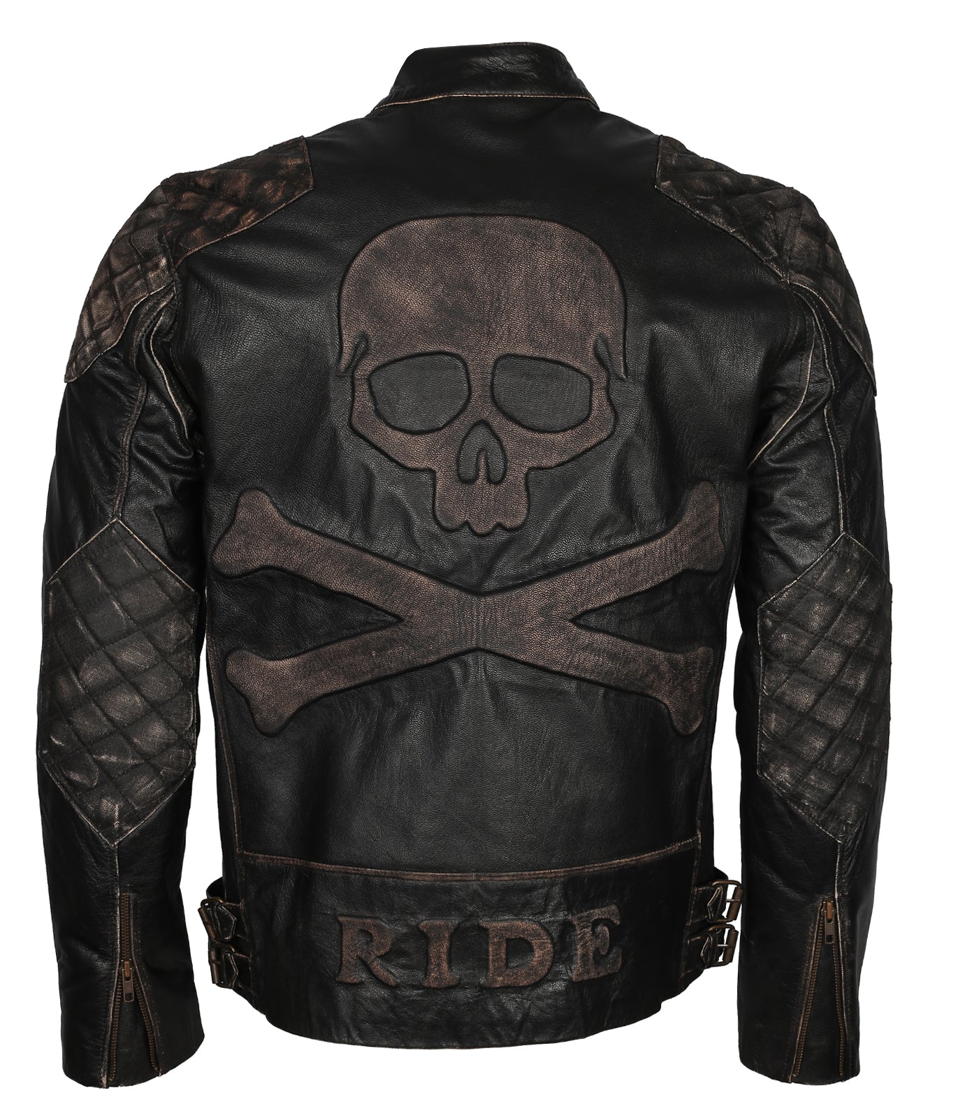 Mens Skull Embossed Black Distressed Cowhide Leather Motorcyle Jacket