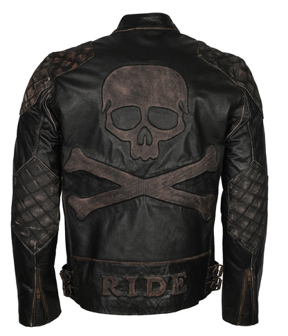 Mens Skull Embossed Black Distressed Cowhide Leather Motorcyle Jacket