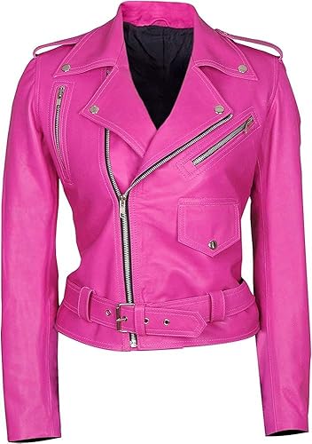 BLS Women’s Hot Pink Belted Slim Fit Ladies Short Biker Genuine Lambskin Leather Motorcycle Brando Streetwear Jacket