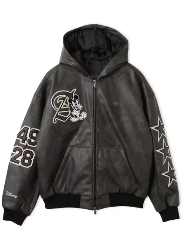Adidas Disney Mickey Mouse Where Dreams Come True Black Leather Hooded Jacket 2026