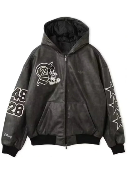 Adidas Disney Mickey Mouse Where Dreams Come True Black Leather Hooded Jacket 2026