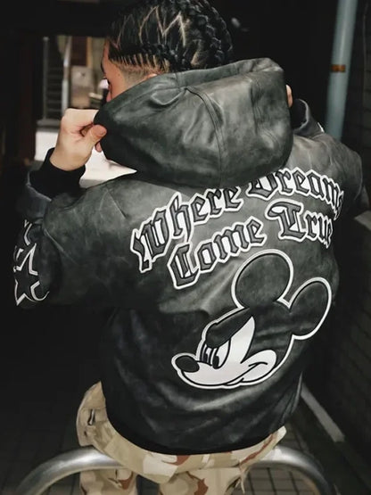 Adidas Mickey Mouse Where Dreams Come True Black Hooded Leather Jacket