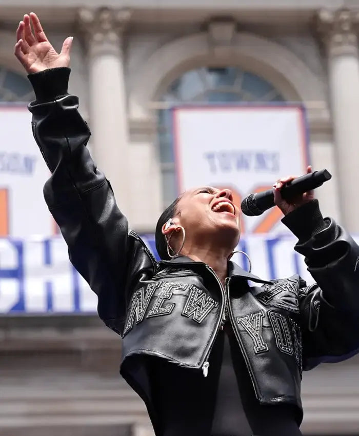Alicia Keys Knicks parade black leather jacket