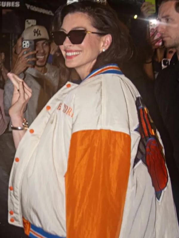 American Actress Anne Hathaway New York Knicks Satin Varsity Jacket