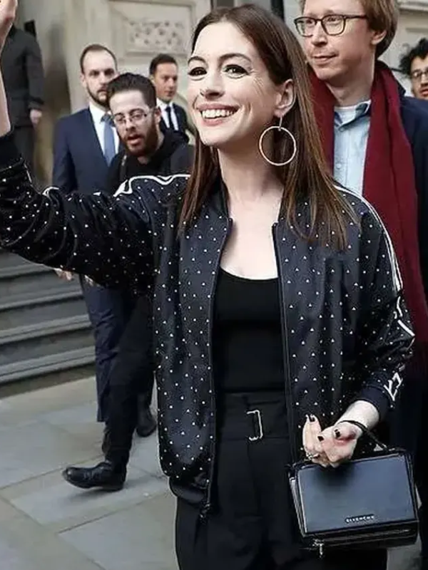 Anne Hathaway The Graham Norton Show London Polka Dot Black Bomber Jacket