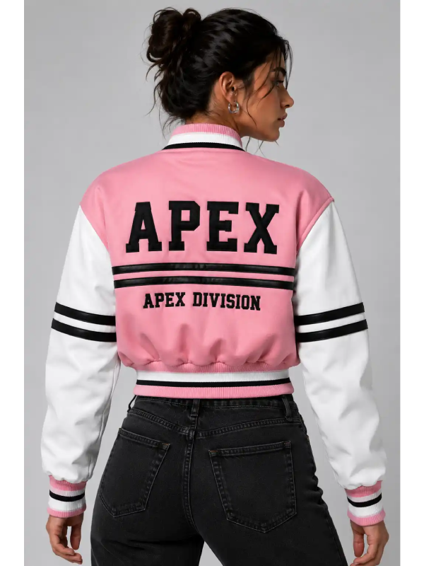 Apex Cropped Varsity Jacket Women Pink White Leather