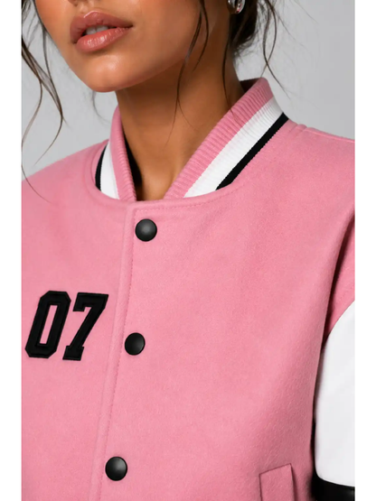 Apex Division Embroidered Cropped Varsity Jacket Pink White Leather