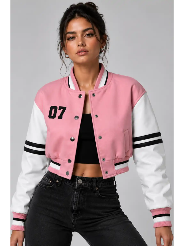 Apex Division Embroidered Cropped Varsity Jacket Women Pink White