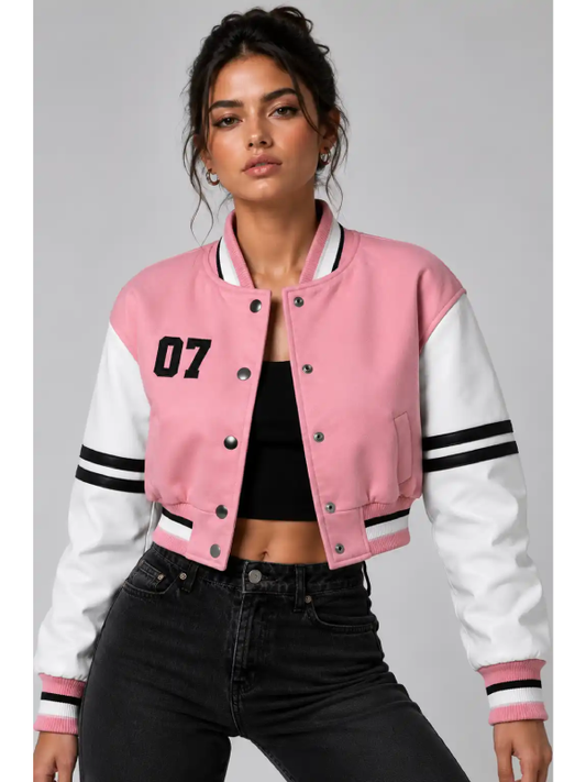 Apex Division Embroidered Cropped Varsity Jacket Women Pink White