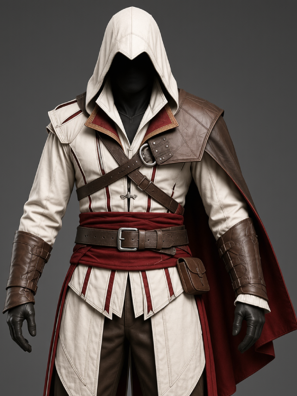 Assassin Style Leather Trench Coat with Hood Halloween Cosplay Jacket