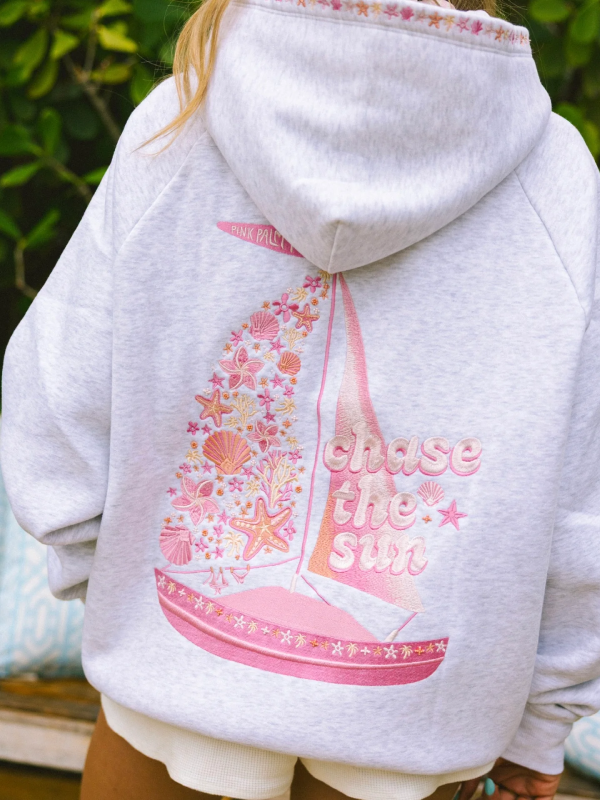 Authentic Pink Palm Puff Chase the Sun Luxury Embroidered Relaxed Hoodie