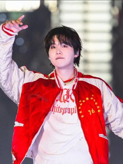 BTS ARIRANG World Tour Toronto Suga Red And White Satin Quilted Bomber Jacket