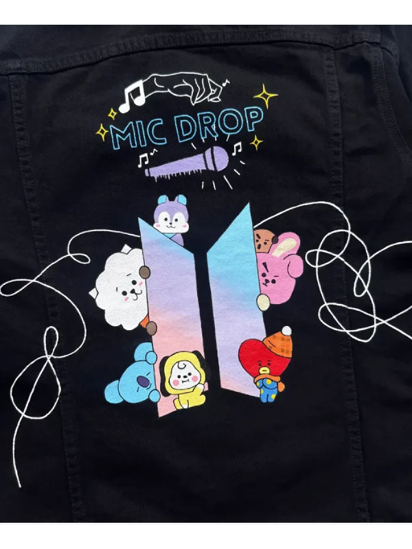 BTS Mic Drop BT21 Character Black Denim Jacket