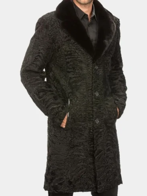 Men's Black Persian Lamb Fur Mink Collar Long Coat