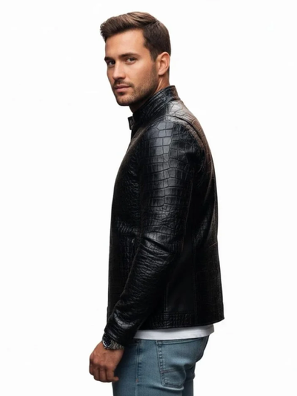 Black Crocodile Leather Biker Jackets