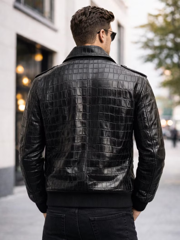 Black Crocodile Leather Bomber Jacket