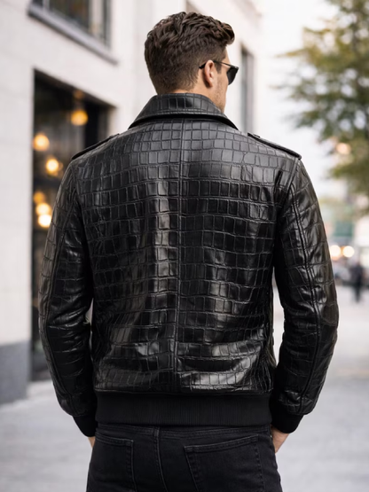 Black Crocodile Leather Bomber Jacket