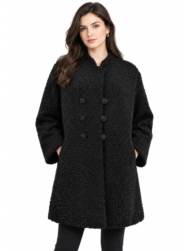 Black Curly Lamb Fur Long Coat for Women