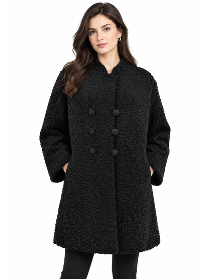 Black Curly Lamb Fur Long Coat for Women