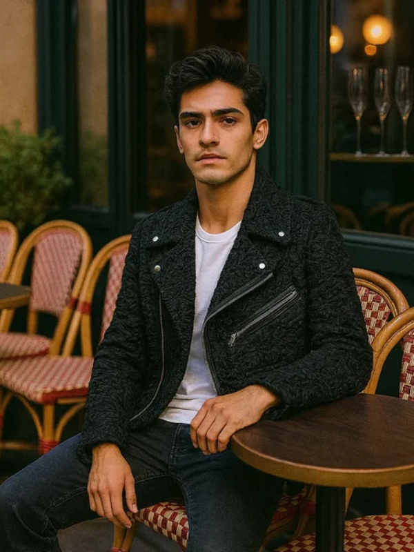 Black Fur Biker Jacket for Men Persian Lamb Leather Motorcycle