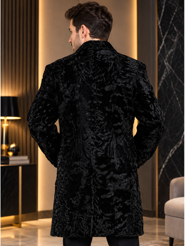 Black Karakul Persian Lamb Fur Long Coat with Mink Fur Collar