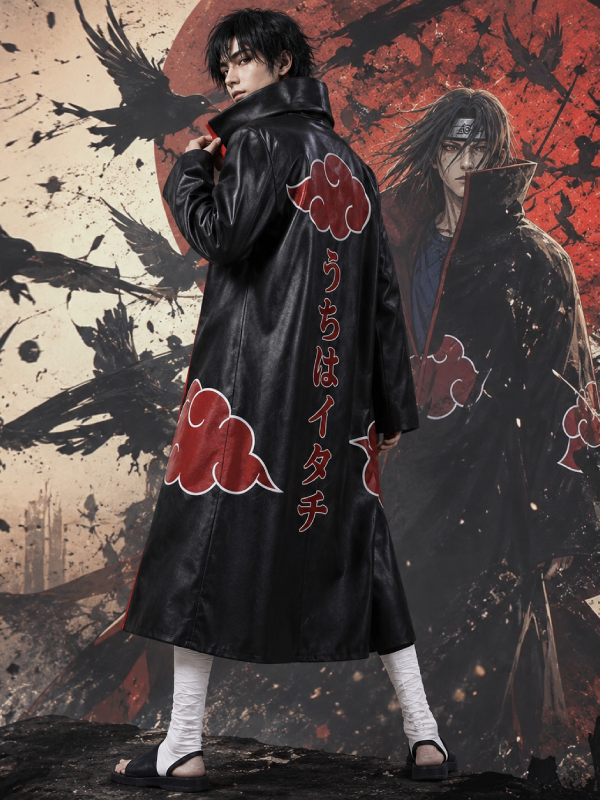 Black Leather Robe Coat Ninja Warrior Style Long Jacket for Men