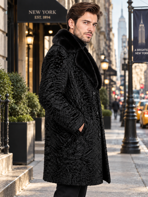Black Persian Lamb Coat for Men with Genuine Mink Fur Collar
