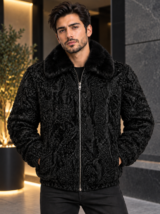 Black Persian Lamb Fur Bomber Jacket with Mink Fur Collar