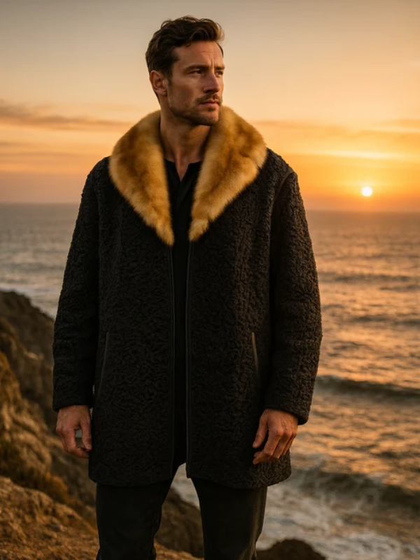 Black Persian Lamb Fur Coat for Men with Mink Fur Collar