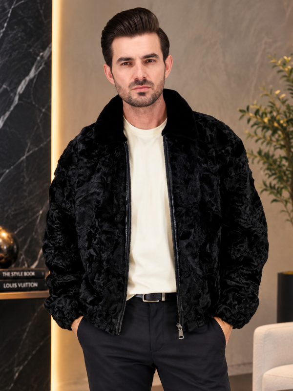 Black Persian Lamb Fur Coat with Mink Fur Collar
