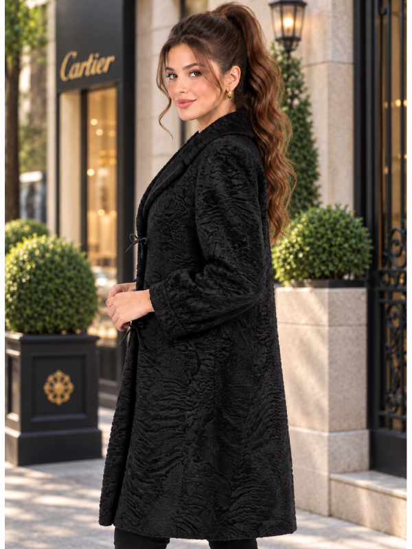Black Persian Lamb Fur Coat with Shawl Collar