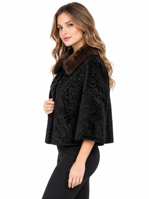 Black Persian Lamb Fur Jacket for Women with Fur Collar