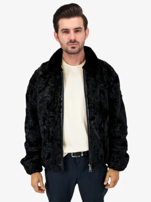 Black Persian Lamb Fur Jacket with Mink Fur Collar