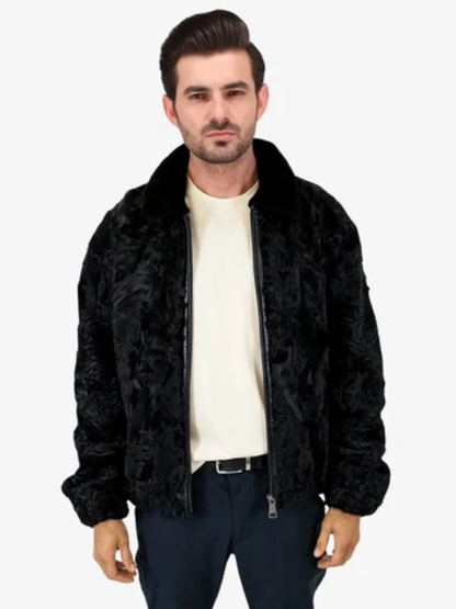 Black Persian Lamb Fur Jacket with Mink Fur Collar