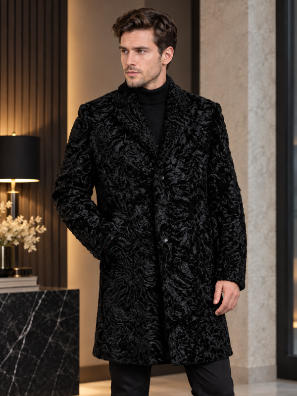 Black Persian Lamb Fur Long Coat for Men with Mink Collar
