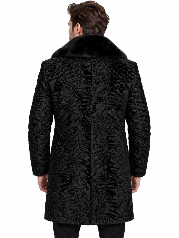 Black Persian Lamb Fur Long Coat for Men with Mink Fur Collar