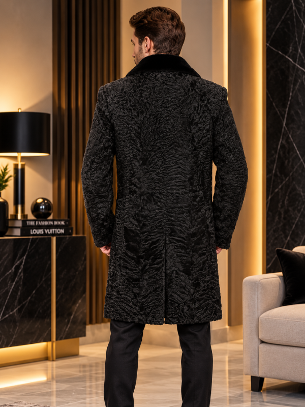 Black Persian Lamb Fur Overcoat with Mink Fur Collar