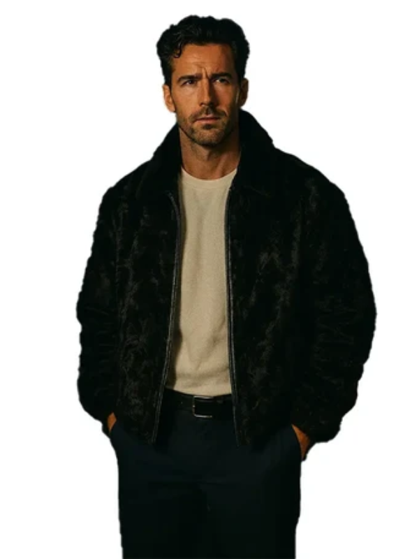 Black Persian Lamb Fur Overcoat with Mink Fur Collar for Men
