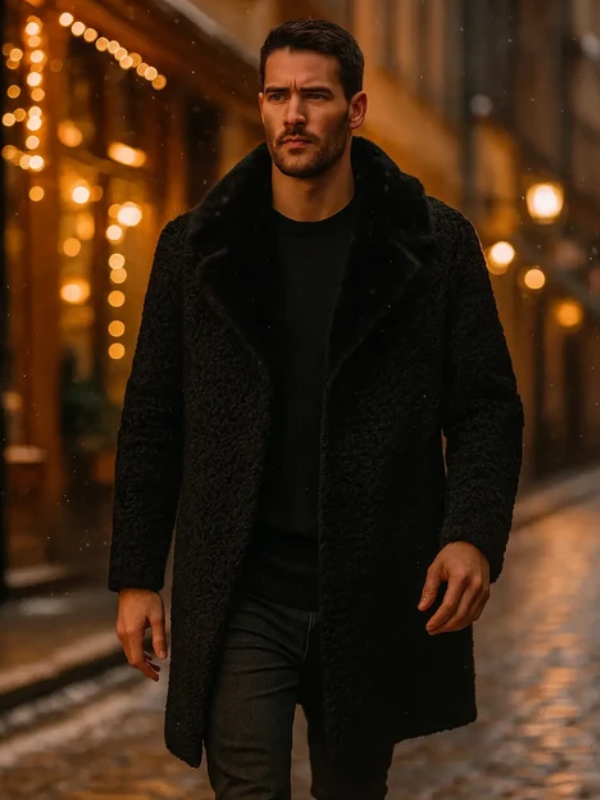 Black Persian Lamb Fur Winter Overcoat for Men with Mink Fur Collar