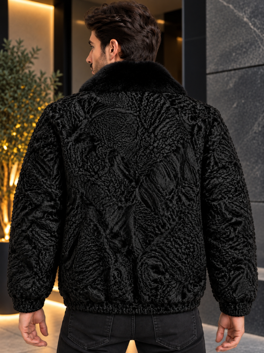 Black Persian Lamb Shearling Bomber Jacket with Fur Collar