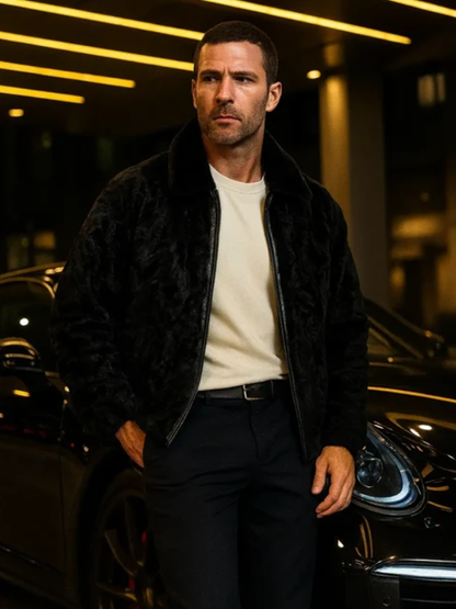 Black Persian Lamb Shearling Coat with Mink Fur Collar