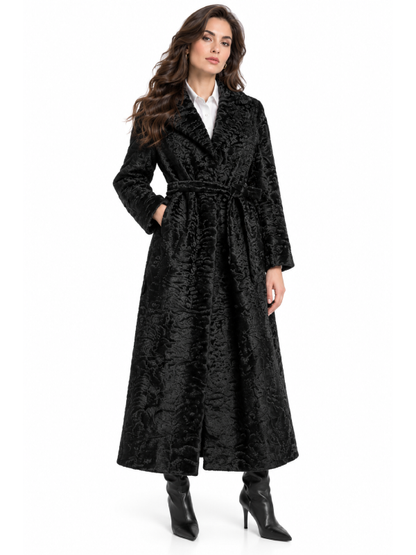 Black Swakara Fur Belted Coat