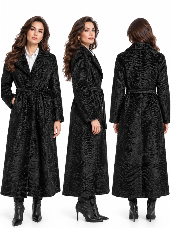 Black Swakara Fur Waist Belt Coat