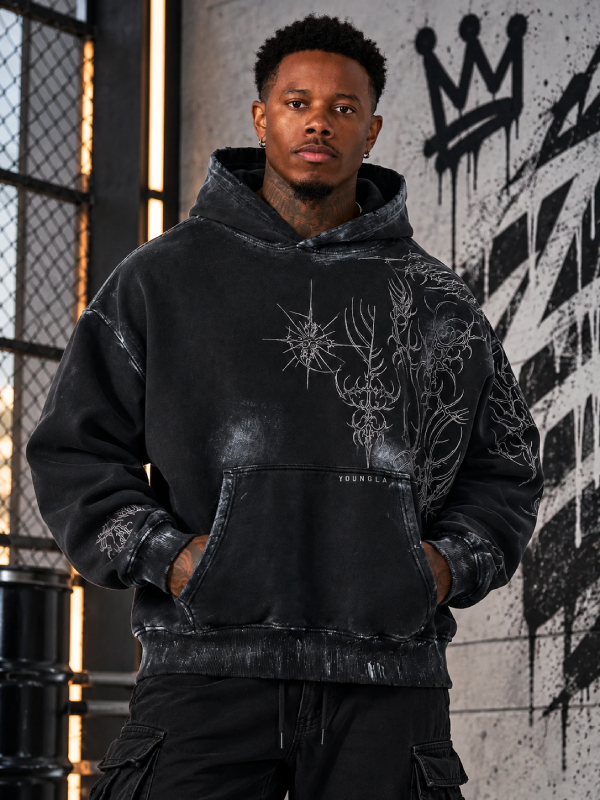 Black Vintage Wash Hoodie Men’s Tribal Print Pullover