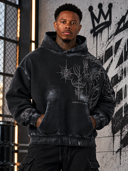 Black Vintage Wash Hoodie Men’s Tribal Print Pullover